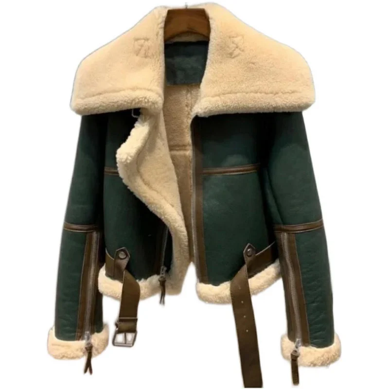 

2021 Winter Fashion Patchwork Green Spliced Large Lapel Women's Thickened Short Fur One-piece Sheep Shearing Coat 7I1713