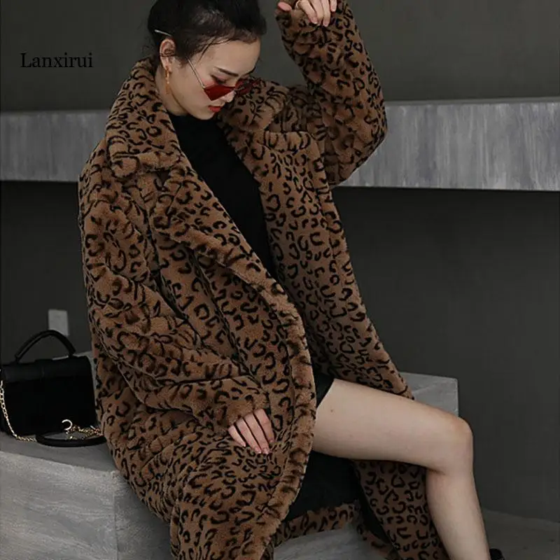 Зимнее плотное теплое леопардовое длинное меховое пальто женская верхняя одежда