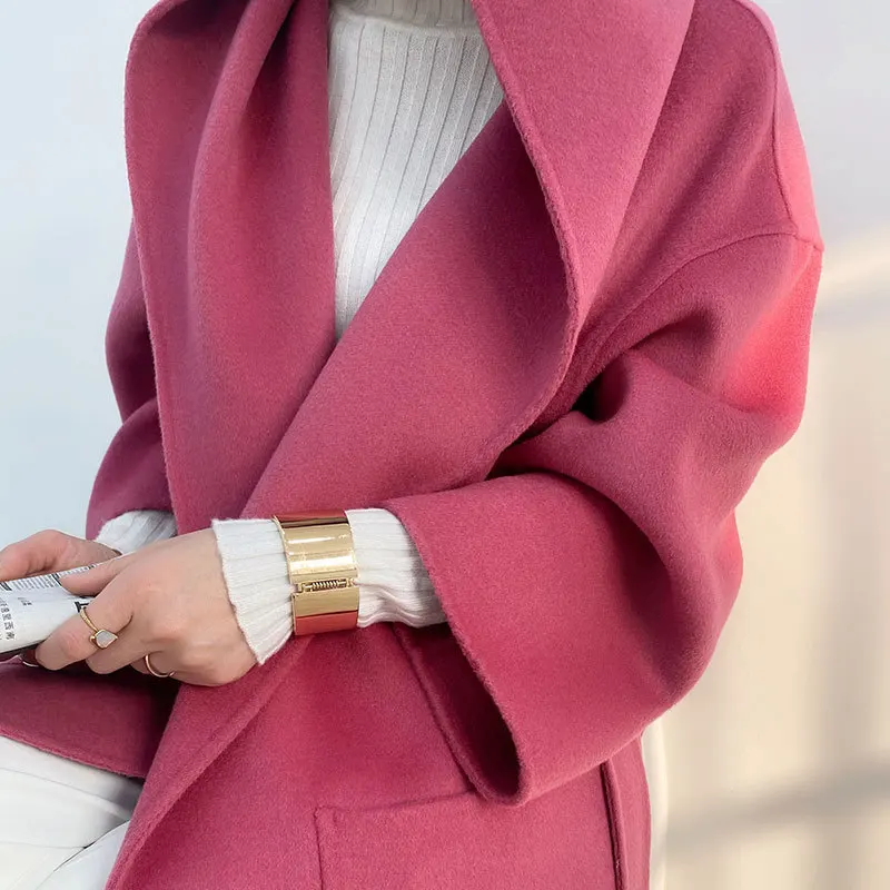 Корейский Розовый Красный двухстороннее длинное шерстяное пальто с капюшоном
