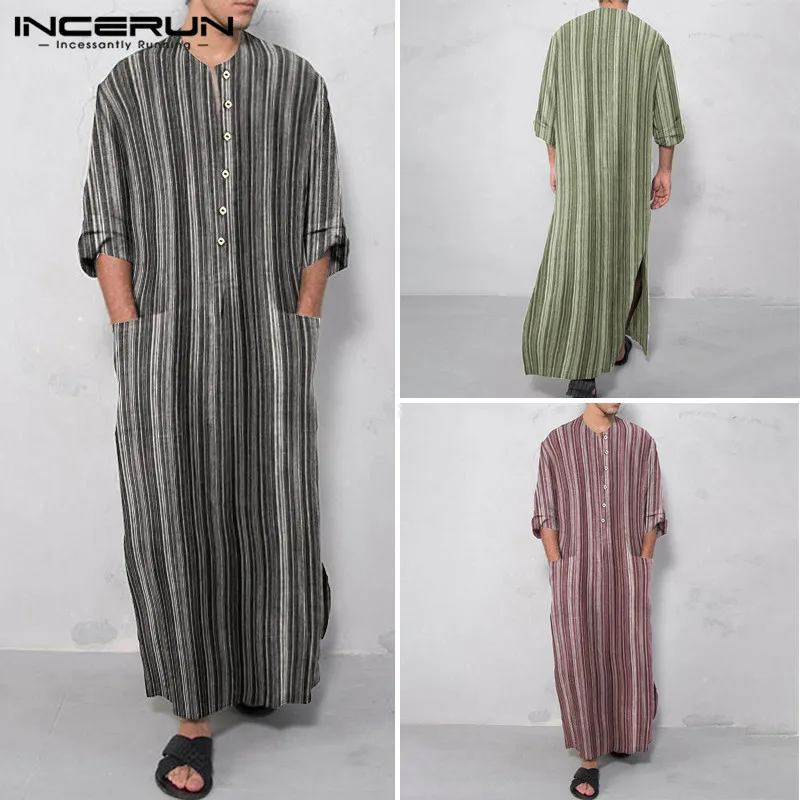 

Men Muslim Islamic Arabic Kaftan Striped Cotton Pockets Long Sleeve Fashion Jubba Thobe Middle East Dubai Abaya INCERUN S-5XL