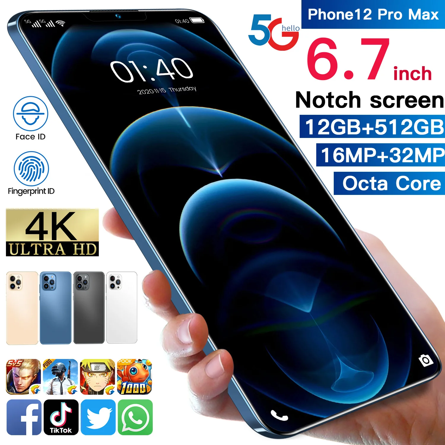 6.7inch I12 Pro Max 12G+512G Otca 10 Core 5G 5200mAh 16MP+32MP Battery Face ID Android 10 MTK6875 Telephones Fingerprint ID
6.7inch I12 Pro Max 12G+512G Otca 10 Core 5G 5200mAh 16MP+32MP Battery Face ID Android 10 MTK6875 Telephones Fingerprint ID