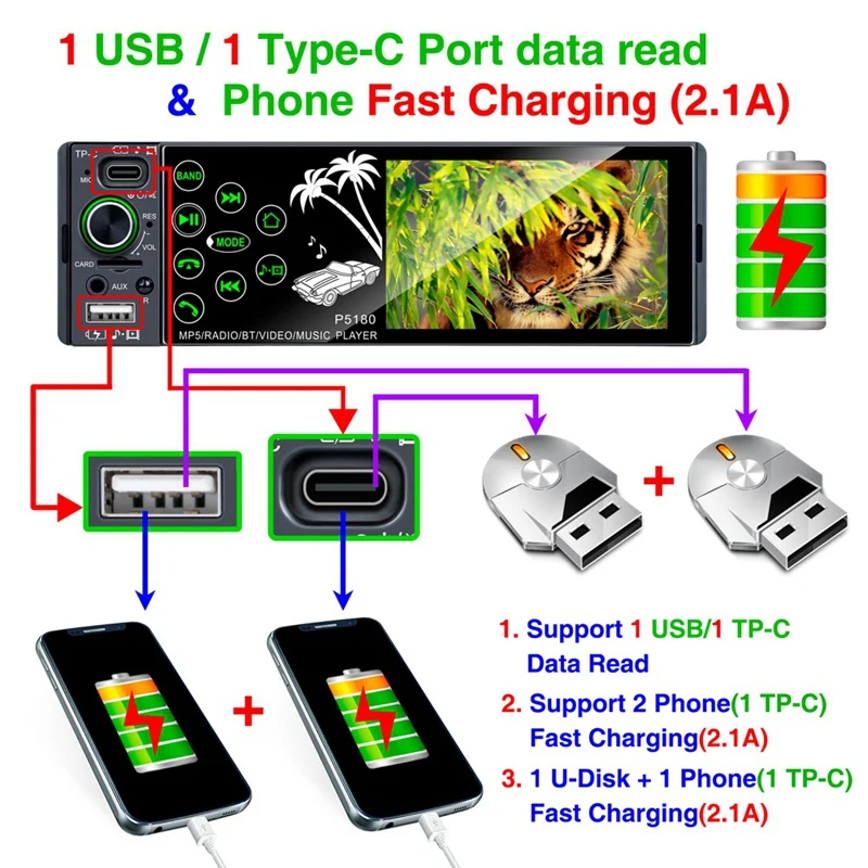Single Din Bluetooth Car Radio Press Screen Car FM Radio Receiver with USB/Type-C/AUX-In/TF Card Port MP5 Player
Single Din Bluetooth Car Radio Press Screen Car FM Radio Receiver with USB/Type-C/AUX-In/TF Card Port MP5 Player