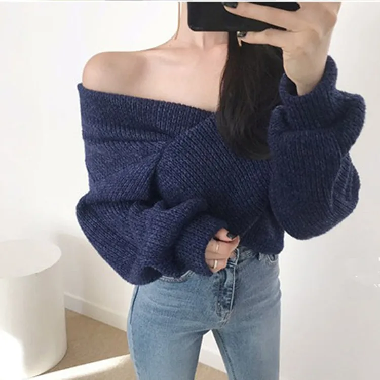 Long Sleeve Sexy Knit Sweater For Women Autumn Winter Pullover Tops Korean Cross V-neck Off Shoulder Ladies Thick Sweaters 2019
Long Sleeve Sexy Knit Sweater For Women Autumn Winter Pullover Tops Korean Cross V-neck Off Shoulder Ladies Thick Sweaters 2019