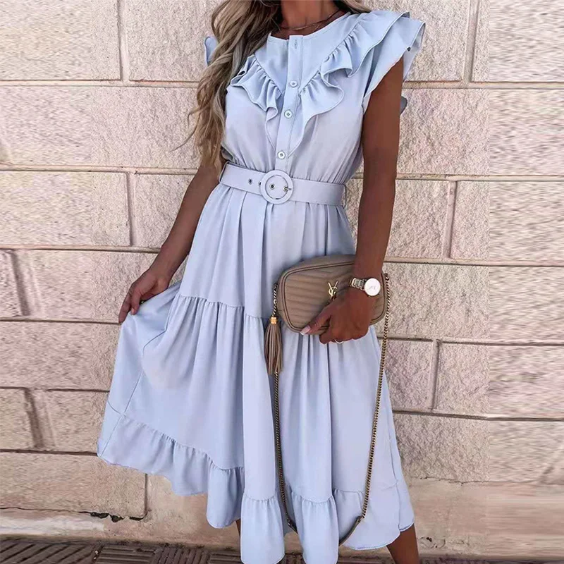Fashion Elegant Button Women Ruffle Dress Solid Casual V-Neck Belted Party Dress Nice Female Summer Sleeveless Long Beach Dress
Fashion Elegant Button Women Ruffle Dress Solid Casual V-Neck Belted Party Dress Nice Female Summer Sleeveless Long Beach Dress
