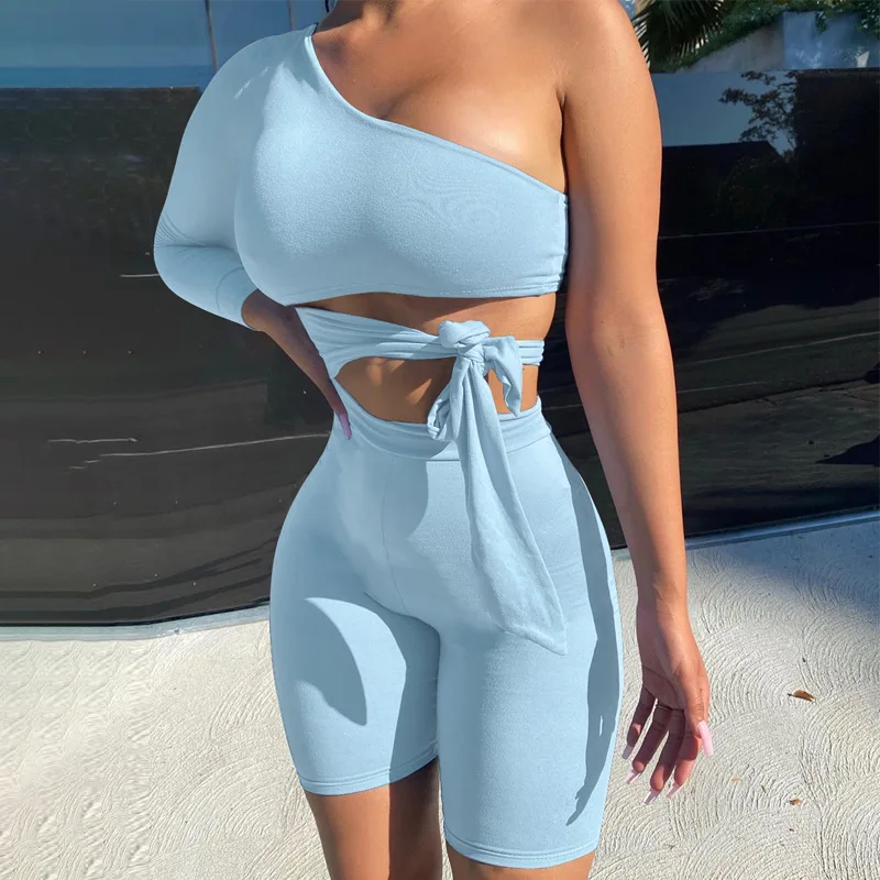 Women One Shoulder Playsuits Rompers Irregular Neckline Overalls Solid Color Hollow Out Tie Up Jumpsuits Shorts Summer Female
Women One Shoulder Playsuits Rompers Irregular Neckline Overalls Solid Color Hollow Out Tie Up Jumpsuits Shorts Summer Female