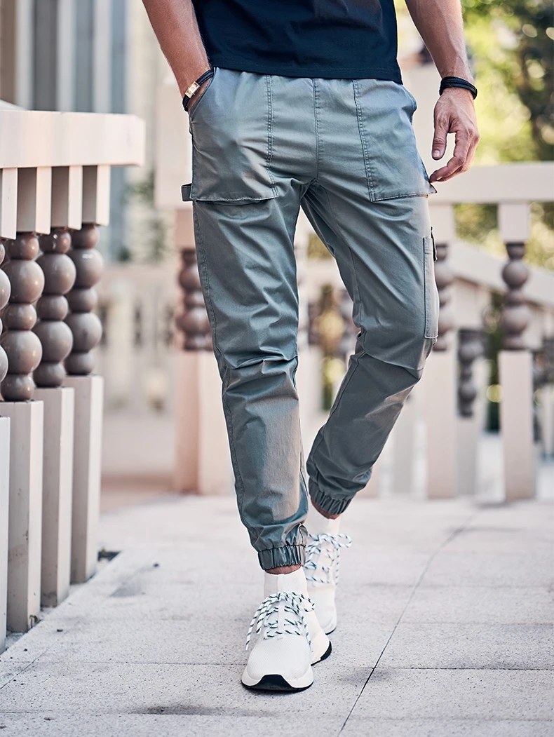 Men's casual overalls, spring and summer thin multi-pocket harem pants, Korean style tie-fit sweatpants