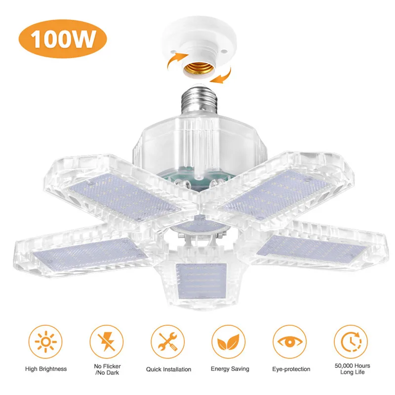 

100w LED Garage Light 8000 Lumen 5 Leaf Deformation Fan Ceiling Light E26 Industrial Lamp For Home Workshop Warehouse 85-265V