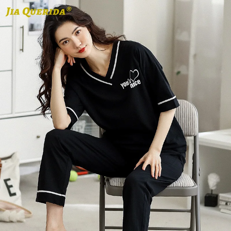 New V Neck Summer Pajamas Set Preppy Style Casual Style Fashion Style Pj S 100% Cotton Black Short Sleeve Long Pants Sleepwear
New V Neck Summer Pajamas Set Preppy Style Casual Style Fashion Style Pj S 100% Cotton Black Short Sleeve Long Pants Sleepwear