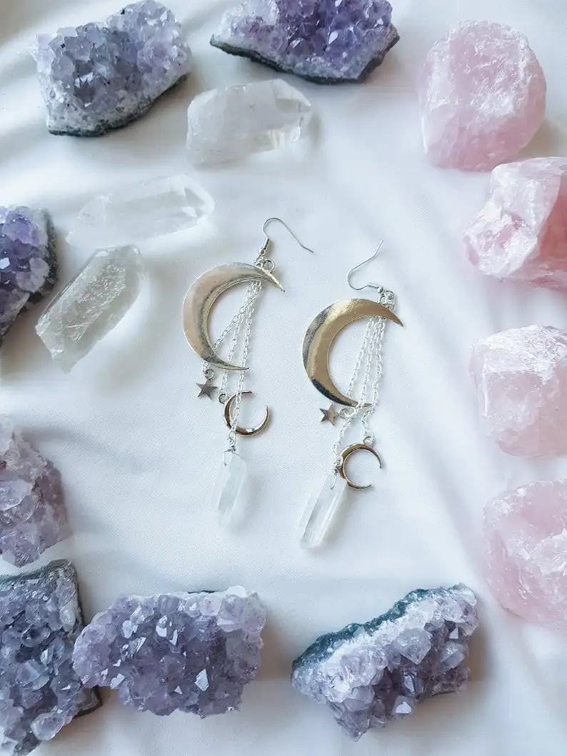 White Silver plated Quartz Crystal Aura Witchy Earrings,Crescent Moon Gothic Occult Crystal Crown Accessories Jewelry Earrings
White Silver plated Quartz Crystal Aura Witchy Earrings,Crescent Moon Gothic Occult Crystal Crown Accessories Jewelry Earrings