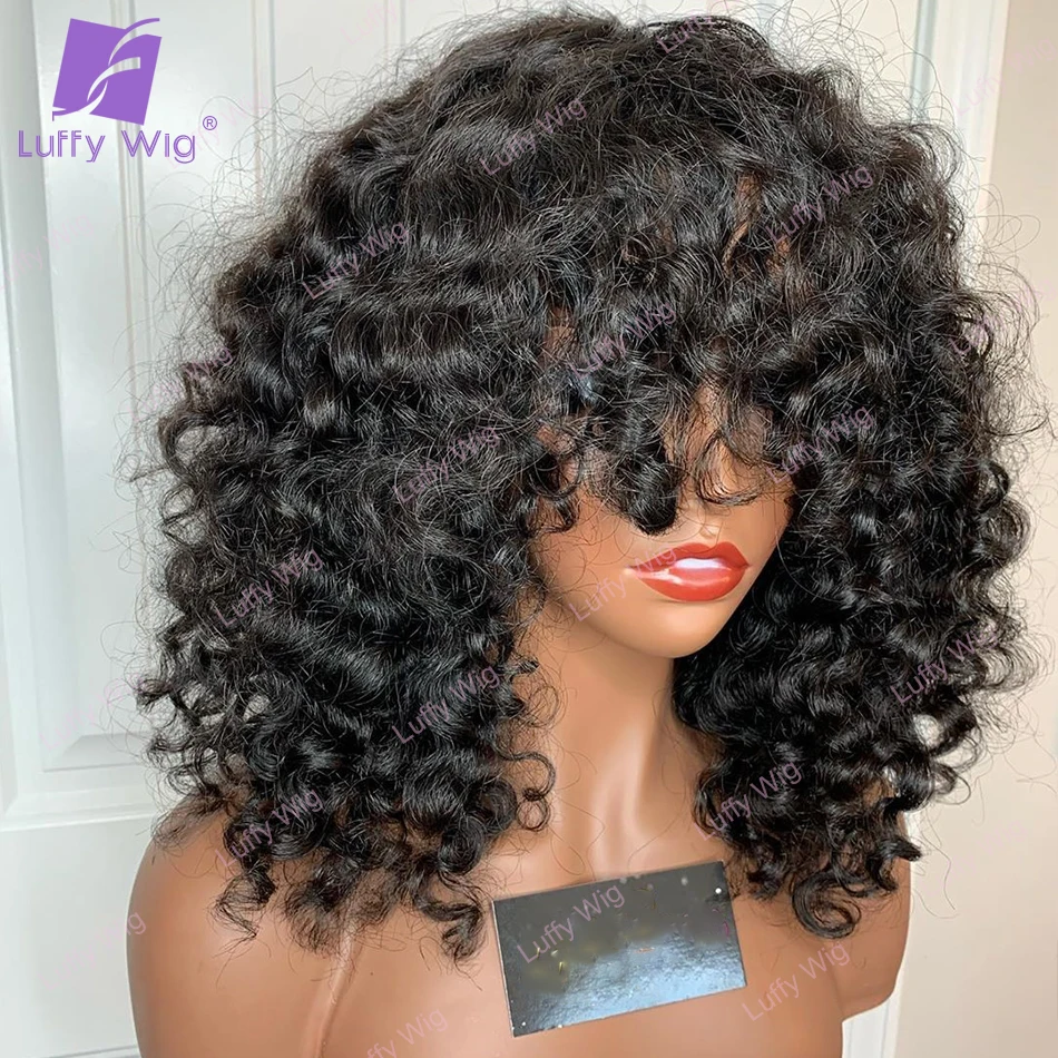 

Short Curly Human Hair Wigs With Bangs 200 Density Brazilian Remy Curly Bob O Scalp Top Bang Wig Glueless For Black Women LUFFY