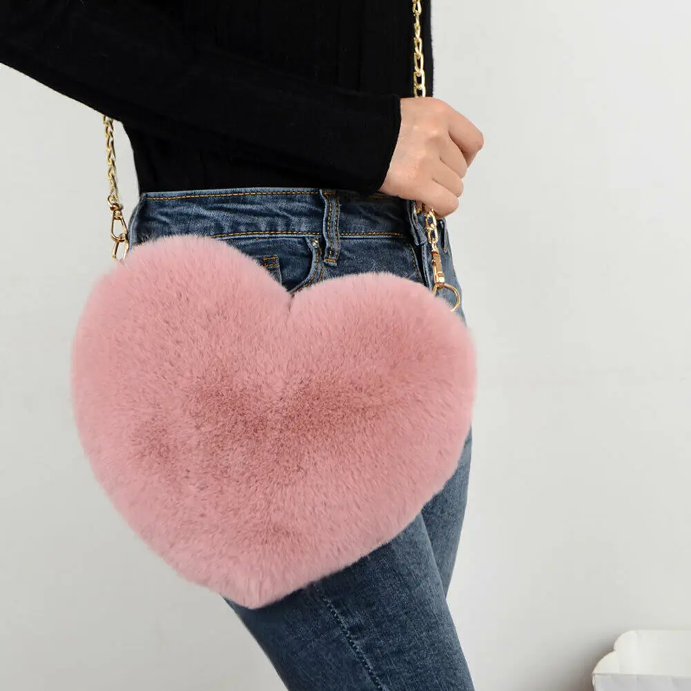 

Hot sale Women's Plush Love Hairy Bag Heart Shaped Valentine Day Gift Heart-shaped Bag HOT Female Chain Messenger Bag gifts