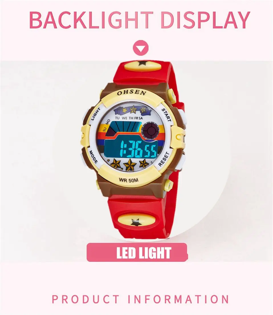 OHSEN детские спортивные часы 50 м водонепроницаемые красные Мультяшные цифровые