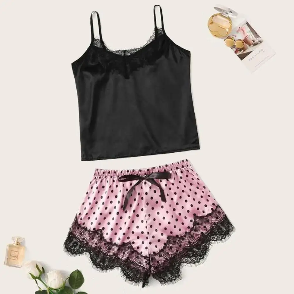 Sexy Lingerie Nightwear Sets Women Lace Patchwork Sleepwear Set Camisole Dots Print Bow Decor Shorts Pajamas New High Quality
Sexy Lingerie Nightwear Sets Women Lace Patchwork Sleepwear Set Camisole Dots Print Bow Decor Shorts Pajamas New High Quality