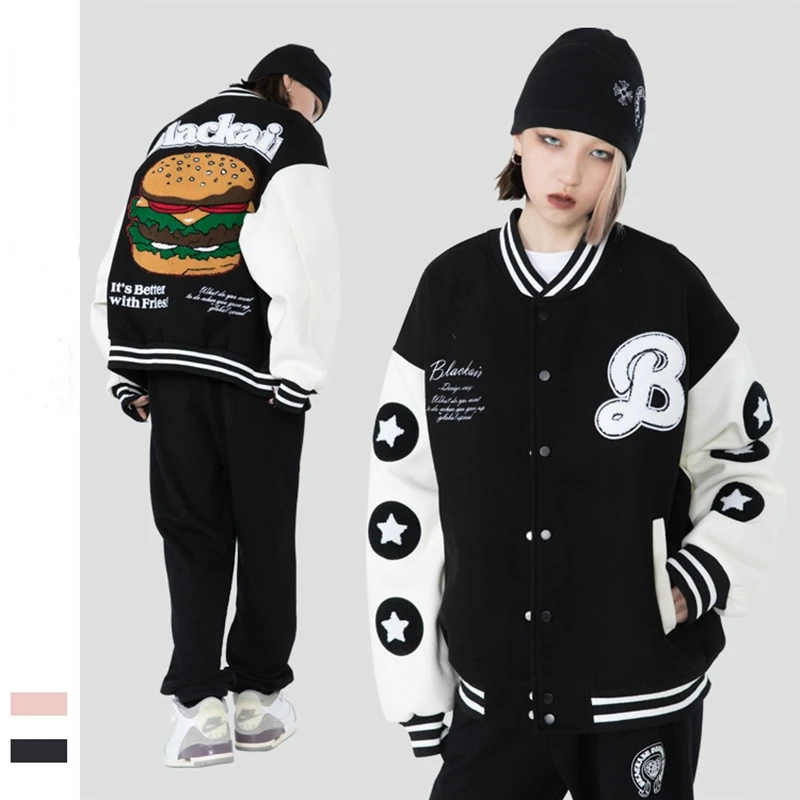 2021 Fashion Couple Coats Autumn and Winter Single Breasted Baseball Uniform Retro Fun Burger Embroidery Men's Varsity Jackets
2021 Fashion Couple Coats Autumn and Winter Single Breasted Baseball Uniform Retro Fun Burger Embroidery Men's Varsity Jackets