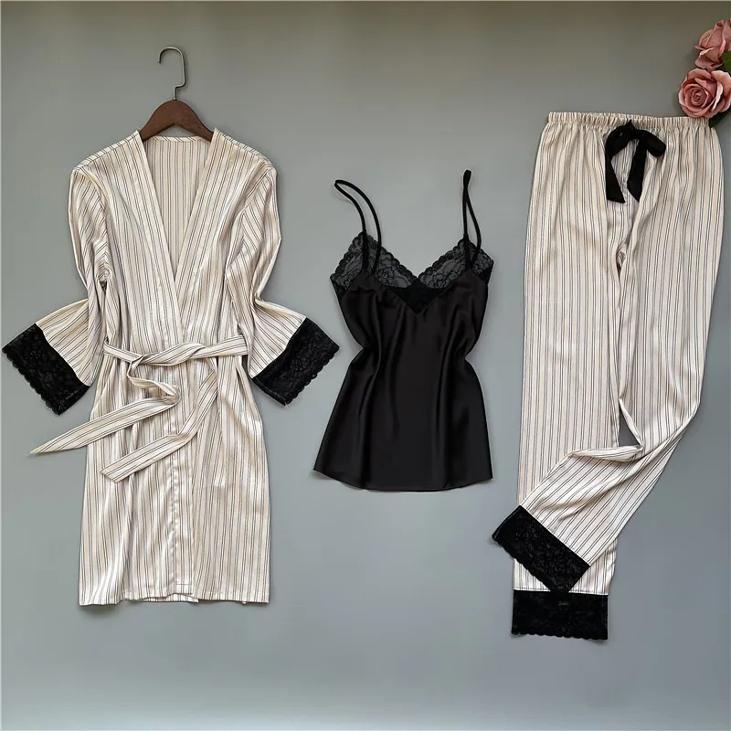 Spring Sexy Striped Printed Satin Silk 3/2Pcs Lace Trim Pajamas Sleepwear Homewear Sleep Lounge With Chest Pads Nightwear
Spring Sexy Striped Printed Satin Silk 3/2Pcs Lace Trim Pajamas Sleepwear Homewear Sleep Lounge With Chest Pads Nightwear