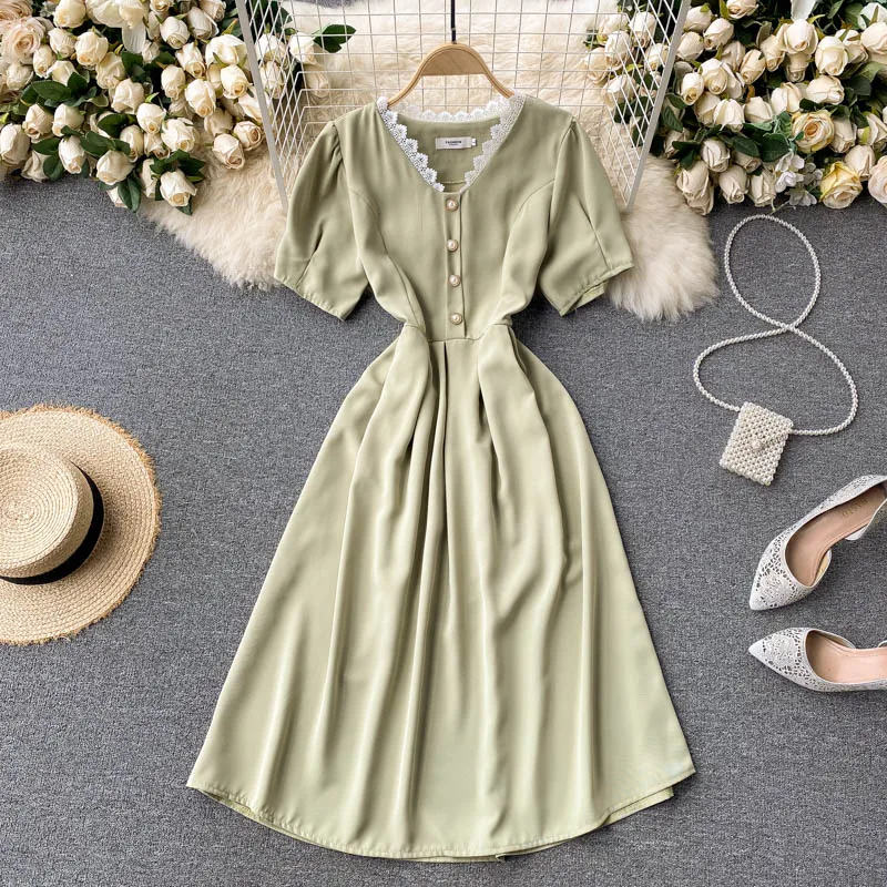 French Dress Women's Summer Wear Sweet Lace V-neck Double-Breasted Waist Slimming Temperament Mid-Length Ladies' Dress
French Dress Women's Summer Wear Sweet Lace V-neck Double-Breasted Waist Slimming Temperament Mid-Length Ladies' Dress