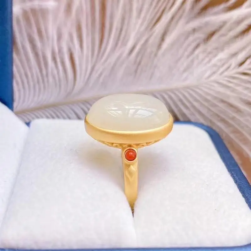 

Sterling Silver Gilding Inlaid Hetian Jade Egg Surface Ring Elegant Women's New Open Mouth Ring Embellished South Red Ring for G