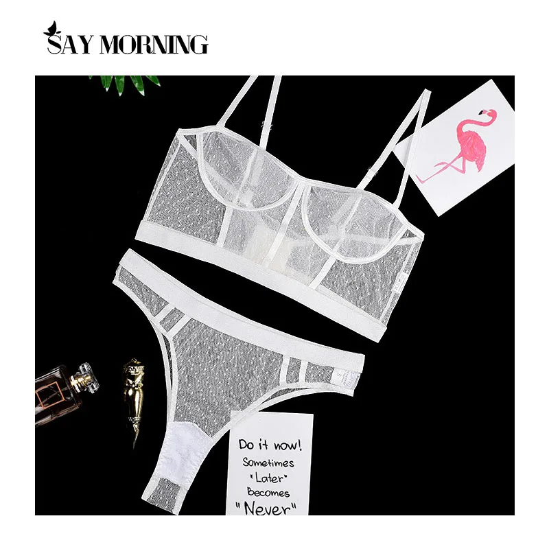 

SAY MORNING New Women's Polka Dot Lace Lingerie Set Mesh Perspective Wire Free Comfortable Sexy Bra Set Thong Underwear Set