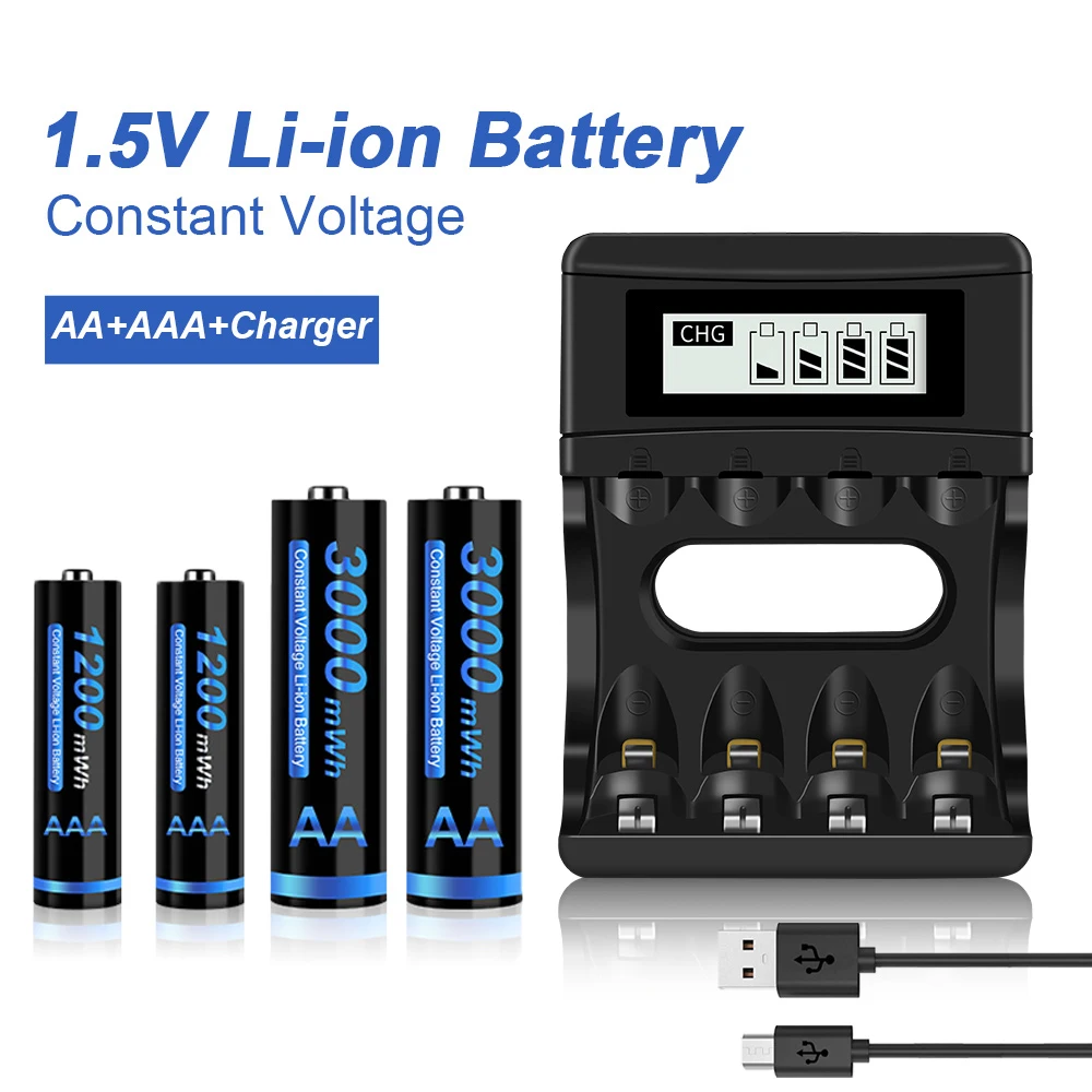 1.5V AA Li-ion Rechargeable Battery 3000mWh + 1.5v AAA lithium battery rechargeable 1200mWh with 1.5V AA AAA Battery Charger 
1.5V AA Li-ion Rechargeable Battery 3000mWh + 1.5v AAA lithium battery rechargeable 1200mWh with 1.5V AA AAA Battery Charger