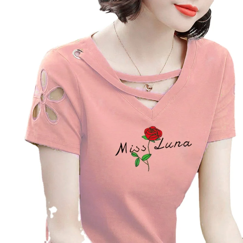 Sexy V-neck Hollow Out Tshirt Summer 90s Shirt Rose Flower Letters Printed Korean Style Slim Fit T Shirt Women Casual Plus Size
Sexy V-neck Hollow Out Tshirt Summer 90s Shirt Rose Flower Letters Printed Korean Style Slim Fit T Shirt Women Casual Plus Size