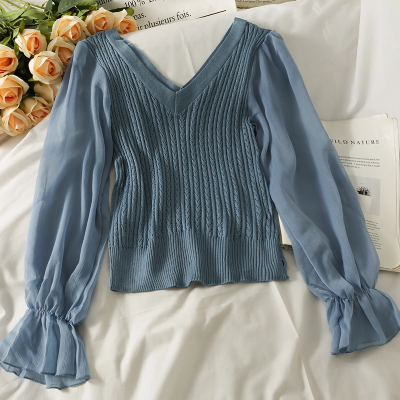 Женский трикотажный шифоновый свитер с длинным рукавом и V-образным вырезом
Женский трикотажный шифоновый свитер с длинным рукавом и V-образным вырезом