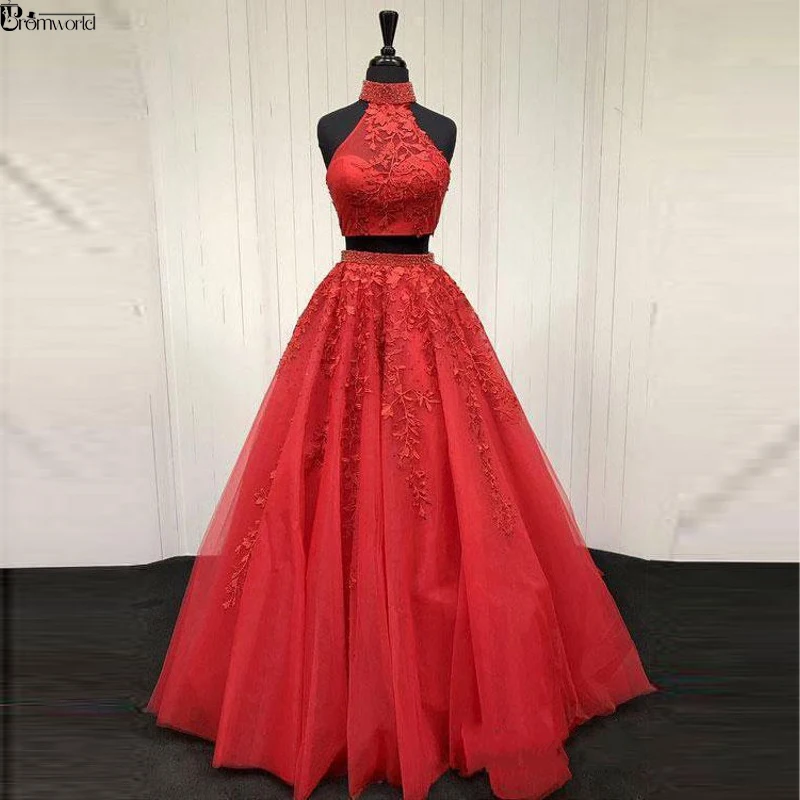 

100% Real Photo Lace Appliqued Two Piece Prom Dresses Long Cheap Halter Ball Gowns Formal Party Dress 2021 vestido largo fiesta