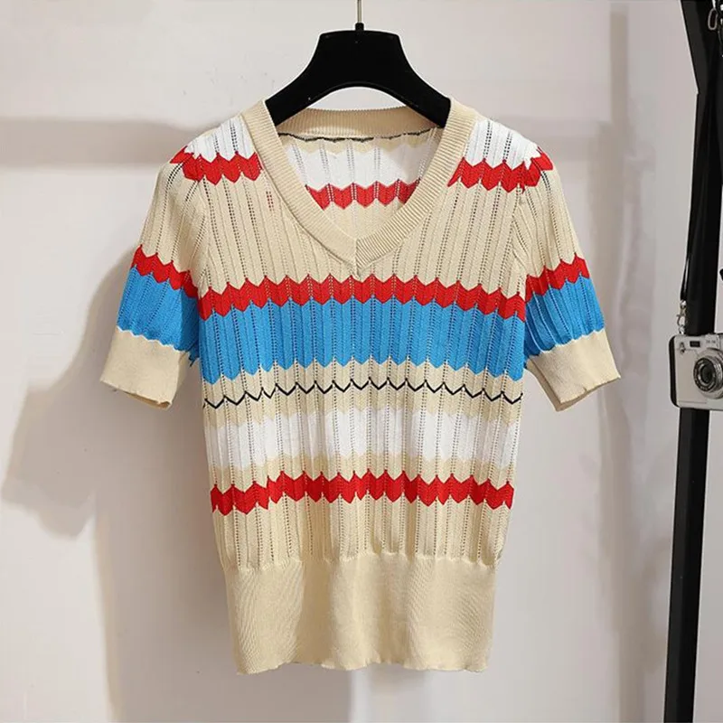 Women Casual Thin Knitted Shirt New Autumn Contrast wavy stripes Knitting Sweater Hollow out V-neck Short Sleeve Pullover Tops
Women Casual Thin Knitted Shirt New Autumn Contrast wavy stripes Knitting Sweater Hollow out V-neck Short Sleeve Pullover Tops