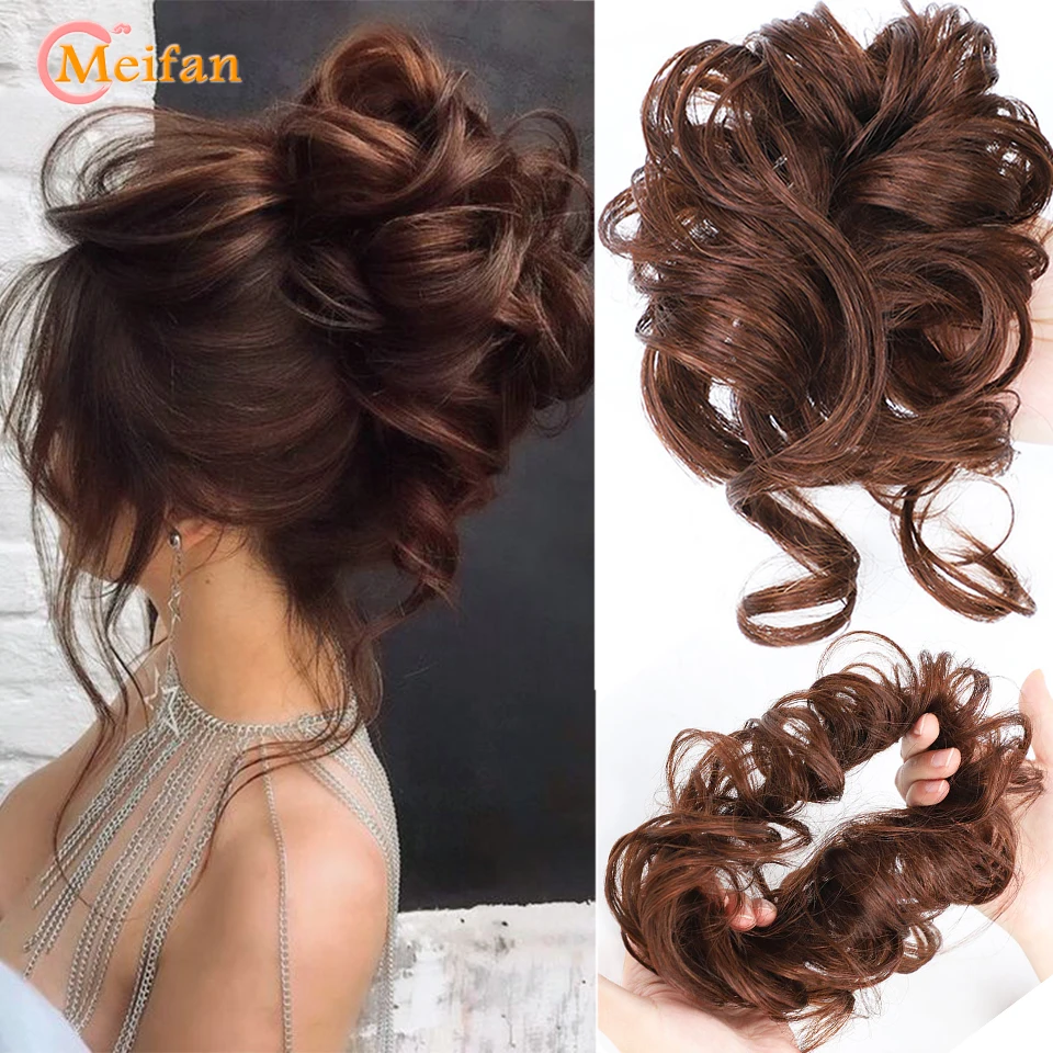 

MEIFAN Synthetic Messy Braid Chignon Rubber Band Hair Rope Natural Fake Hair Bun Curly Scrunchie Clip in Hair Tails Extensions