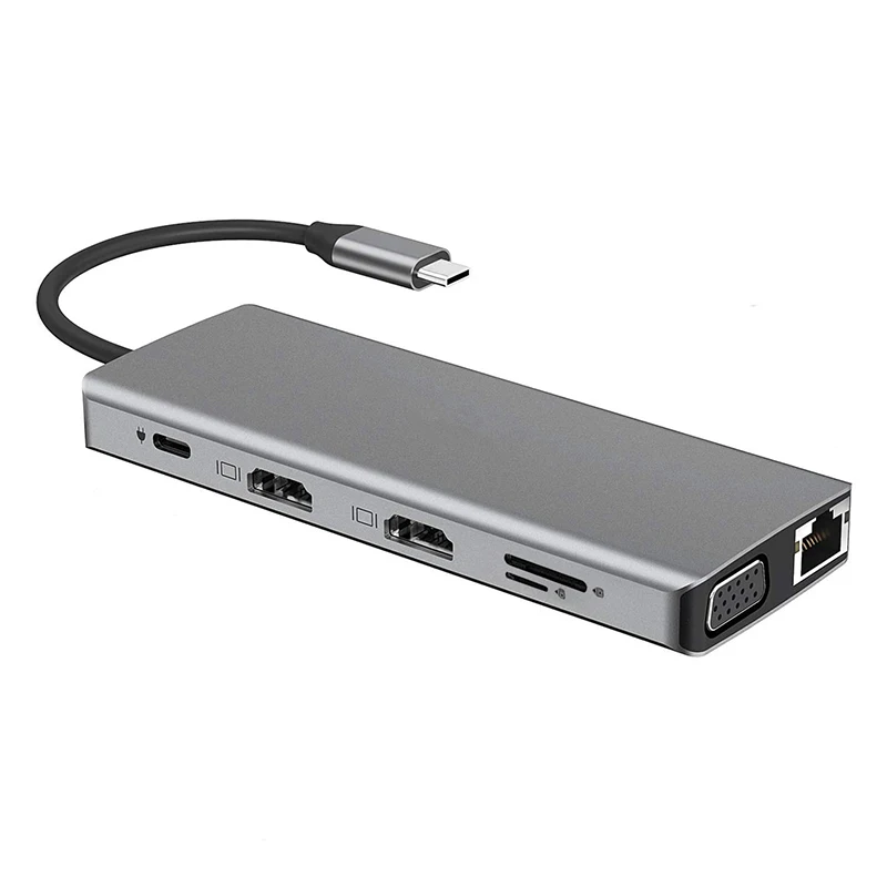 

USB C концентратор 12 в 1 расширения док-станция с двойной HDMI VGA USB 3,0 Тип-C Порты и разъёмы SD/устройство для считывания с tf-карт Дисплей док-станци...