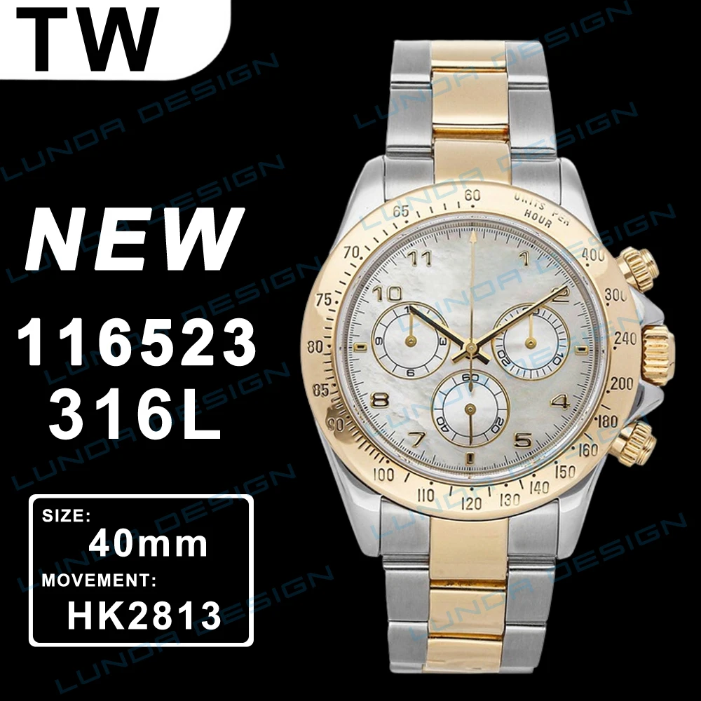

Mens Watch 2813 Movement 40mm Cosmograph 116523 116503 Two Tone Gold no Chronograph Workin 316 Steel man Watches