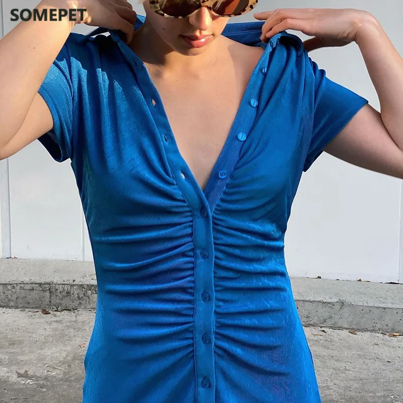 Women Elegant Short Sleeve Skinny Mini Dress Summer Turn-Down Collar Ruched Shirt Dress Green Blue Slim Party Dresses Vestido
Women Elegant Short Sleeve Skinny Mini Dress Summer Turn-Down Collar Ruched Shirt Dress Green Blue Slim Party Dresses Vestido