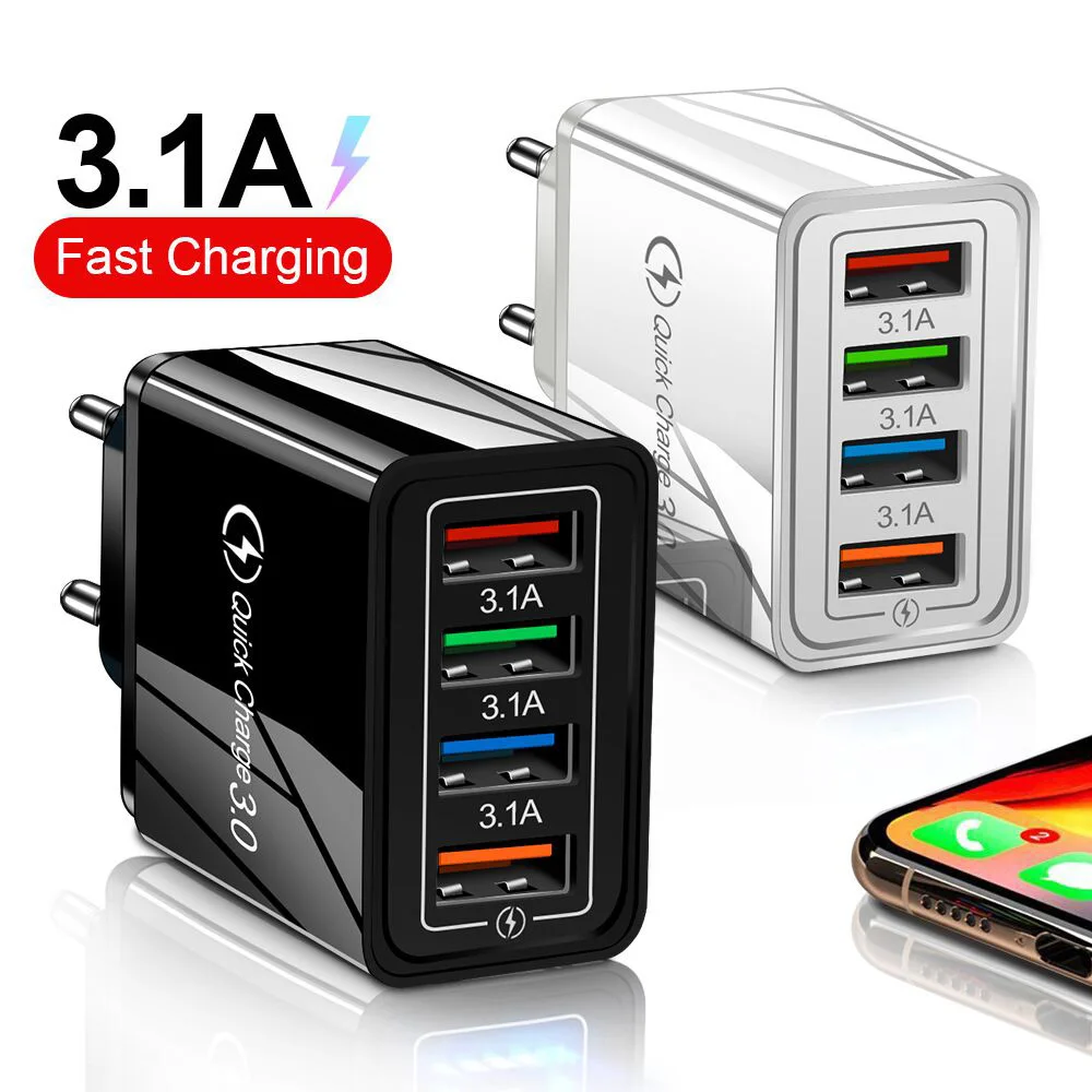 

USB Charger Quick Charge 4.0 3.0 Universal Wall 4 Ports Fast Charging For iPhone 12 13 xiaomi Samsung Mobile Phone Chargers