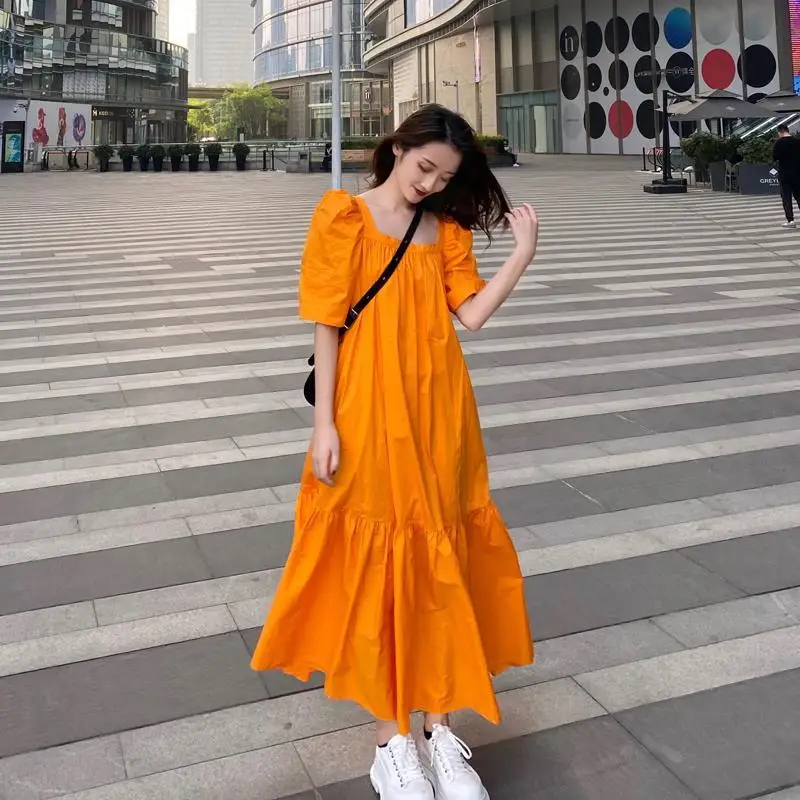 2021 New Summer New Women Vintage Loose Elegant Big Swing Dresses Female Solid Color Short Puff Sleeve Ankle Length Dress Z148
2021 New Summer New Women Vintage Loose Elegant Big Swing Dresses Female Solid Color Short Puff Sleeve Ankle Length Dress Z148
