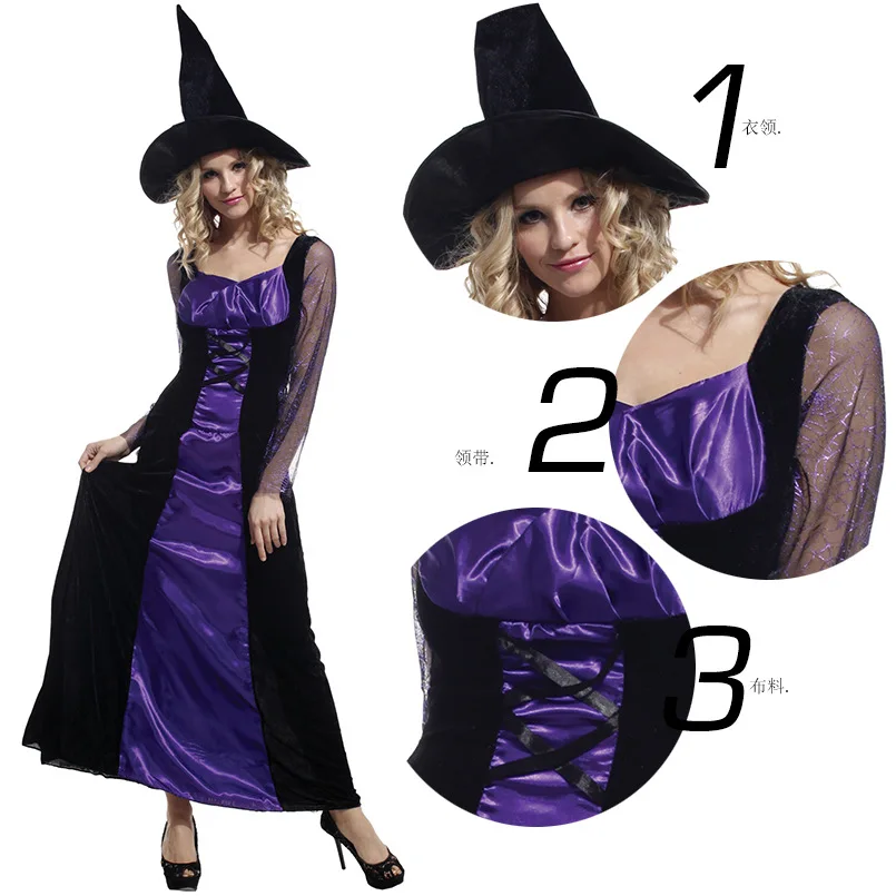 Woman Long Dress Halloween Cosplay Costume Witch Dresses with Cap Purple Sorceress Jumpsuit Party Role Play Performance Disfraz
Woman Long Dress Halloween Cosplay Costume Witch Dresses with Cap Purple Sorceress Jumpsuit Party Role Play Performance Disfraz