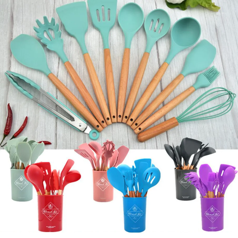 12-Pcs Colorful Silicone Kitchenware Set with Bucket Non-Stick Cooking Spatula Spoon Wooden Handle Heat-Resistant LCJ01
12-Pcs Colorful Silicone Kitchenware Set with Bucket Non-Stick Cooking Spatula Spoon Wooden Handle Heat-Resistant LCJ01