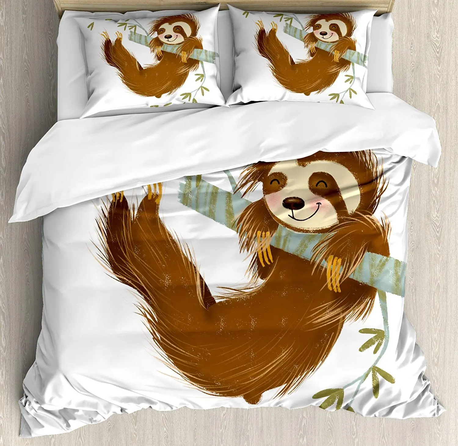 Sloth Bedding Set Happy Cheerful Animal Swinging on Tree Branch Hand Drawn Cartoon Illustration Duvet Cover Pillowcase for Home