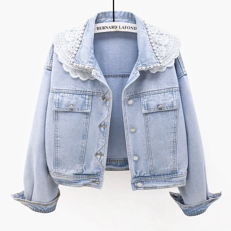 Spring Autumn Korean Fashion Lace Ruffle Beading Splicing Collar Denim Jacket Coat Women Loose Blue Short Jeans Jackets Female
Spring Autumn Korean Fashion Lace Ruffle Beading Splicing Collar Denim Jacket Coat Women Loose Blue Short Jeans Jackets Female
