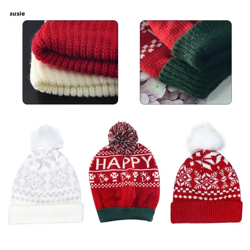 

Women Christmas Snowflake Winter Knitted Beanie Hat Cute Fluffy Pompom Stretch Cuffed Skull Ear Warmer Holiday Festival