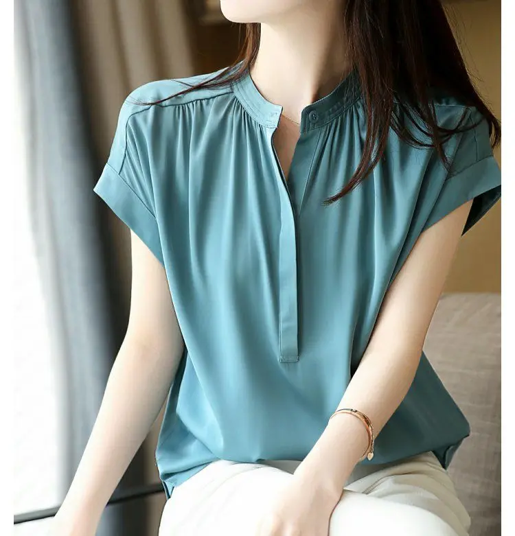 

Commuter Small Round Neck Drop Shoulder Sleeve Lake Blue Mulberry Silk Top crop top lace cami Regular SILK WOMEN