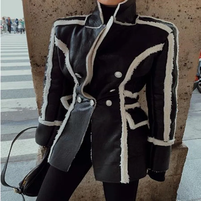 Fashion double breasted women fur one piece lamb wool stitching PU leather suit collar long sleeve thick warm jacket
Fashion double breasted women fur one piece lamb wool stitching PU leather suit collar long sleeve thick warm jacket