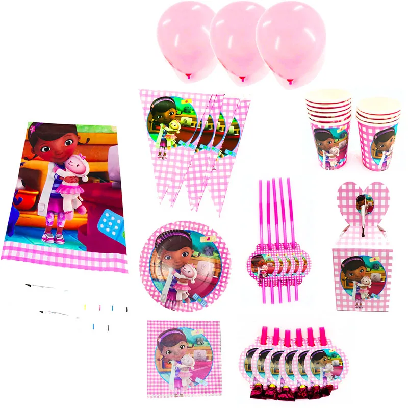 

97pcs Doc McStuffins Paper Plates Cups Napkins Banners Tablecloths Straws Girls Birthday Party Supplies Disposable Tableware