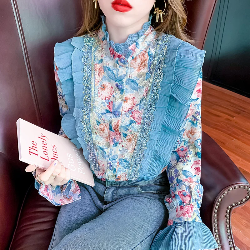 Новинка 2021, Женская Осенняя мода, женские топы с оборками, винтажная блузка с воротником-стойкой и длинным рукавом 
Новинка 2021, Женская Осенняя мода, женские топы с оборками, винтажная блузка с воротником-стойкой и длинным рукавом