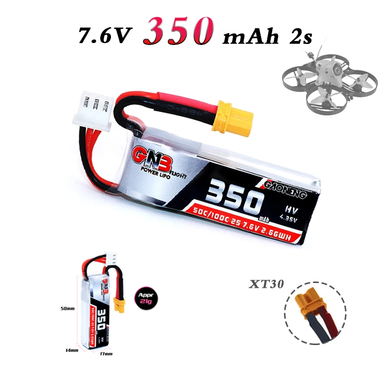 Высококачественный мини-Дрон Gaoneng GNB, 7,6 В, 350 мА/ч, Lipo 2S, 50C/100C, разъем XT30 для BetaFPV, Beta75X, Whoop HV Quadcopter, FPV
Высококачественный мини-Дрон Gaoneng GNB, 7,6 В, 350 мА/ч, Lipo 2S, 50C/100C, разъем XT30 для BetaFPV, Beta75X, Whoop HV Quadcopter, FPV