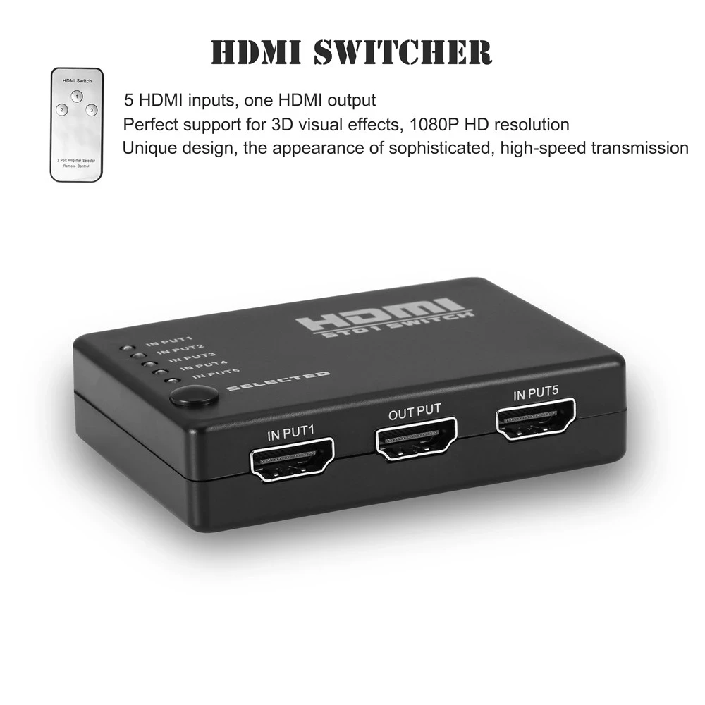 5 in 1 Out Video HDMI-compatible Switch Selector with CR2025 Battery Switcher Splitter Hub & IR Remote 1080P for HDTV PS3 DVD
5 in 1 Out Video HDMI-compatible Switch Selector with CR2025 Battery Switcher Splitter Hub & IR Remote 1080P for HDTV PS3 DVD