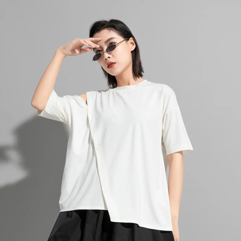 CHICEVER Solid T Shirt For Women O Neck Short Sleeve Pullover Button Irregular T Shirts Female Fashion Clothing 2021 Summer New
CHICEVER Solid T Shirt For Women O Neck Short Sleeve Pullover Button Irregular T Shirts Female Fashion Clothing 2021 Summer New