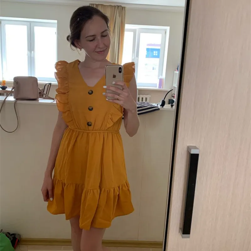 Women's Summer New Style Solid V-neck Ruffled Lace Dress Vintage Single-breasted Ladies Mini Dress
Women's Summer New Style Solid V-neck Ruffled Lace Dress Vintage Single-breasted Ladies Mini Dress