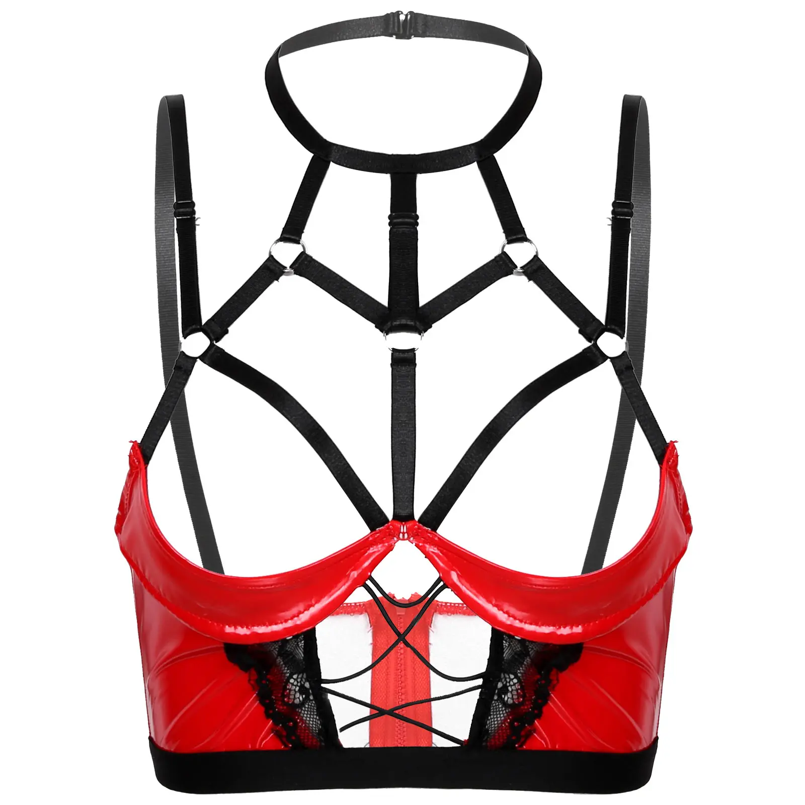 

Womens Erotic Lingerie Patent Leather Bra Tops Back Zipper Underwire Unlined Brassiere Halter Neck Hollow Out Strappy Hot Bra