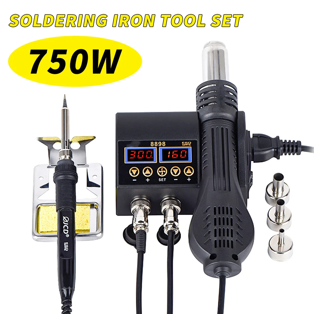 2 IN 1 750W LED Digital Soldering Station Hot Air Gun Rework Station Electric Soldering Iron For Phone PCB IC SMD BGA Welding
2 IN 1 750W LED Digital Soldering Station Hot Air Gun Rework Station Electric Soldering Iron For Phone PCB IC SMD BGA Welding