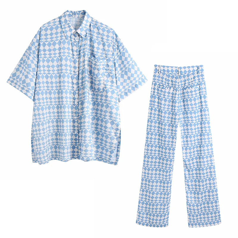 Blue Geometric pattern casual short-sleeved loose shirts buttoned printed trousers home set pants 2021 women's sheining clothing
Blue Geometric pattern casual short-sleeved loose shirts buttoned printed trousers home set pants 2021 women's sheining clothing