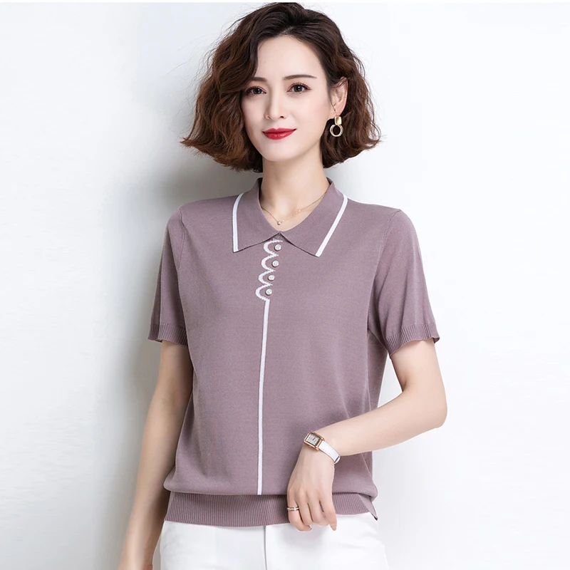 Korean Turn-Down Collar Kintwear T-Shirt Plus Size 4XL Short Sleeve Knit Tops Summer Thin Knit Pullover Slim Women Loose Jumper
Korean Turn-Down Collar Kintwear T-Shirt Plus Size 4XL Short Sleeve Knit Tops Summer Thin Knit Pullover Slim Women Loose Jumper
